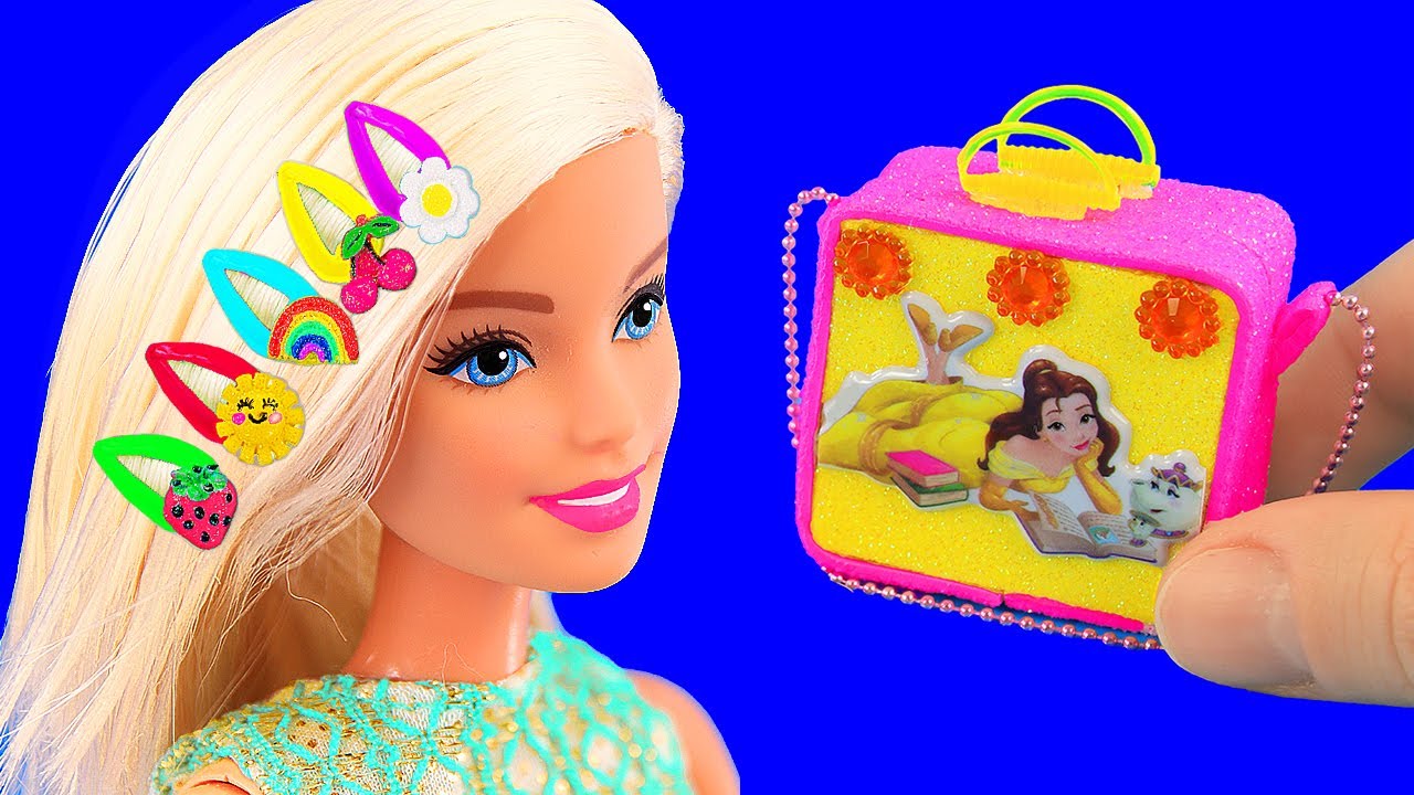 12 DIY BARBIE HACKS: miniature makeup, hair pins, phone, shoes, school supplies, and more!