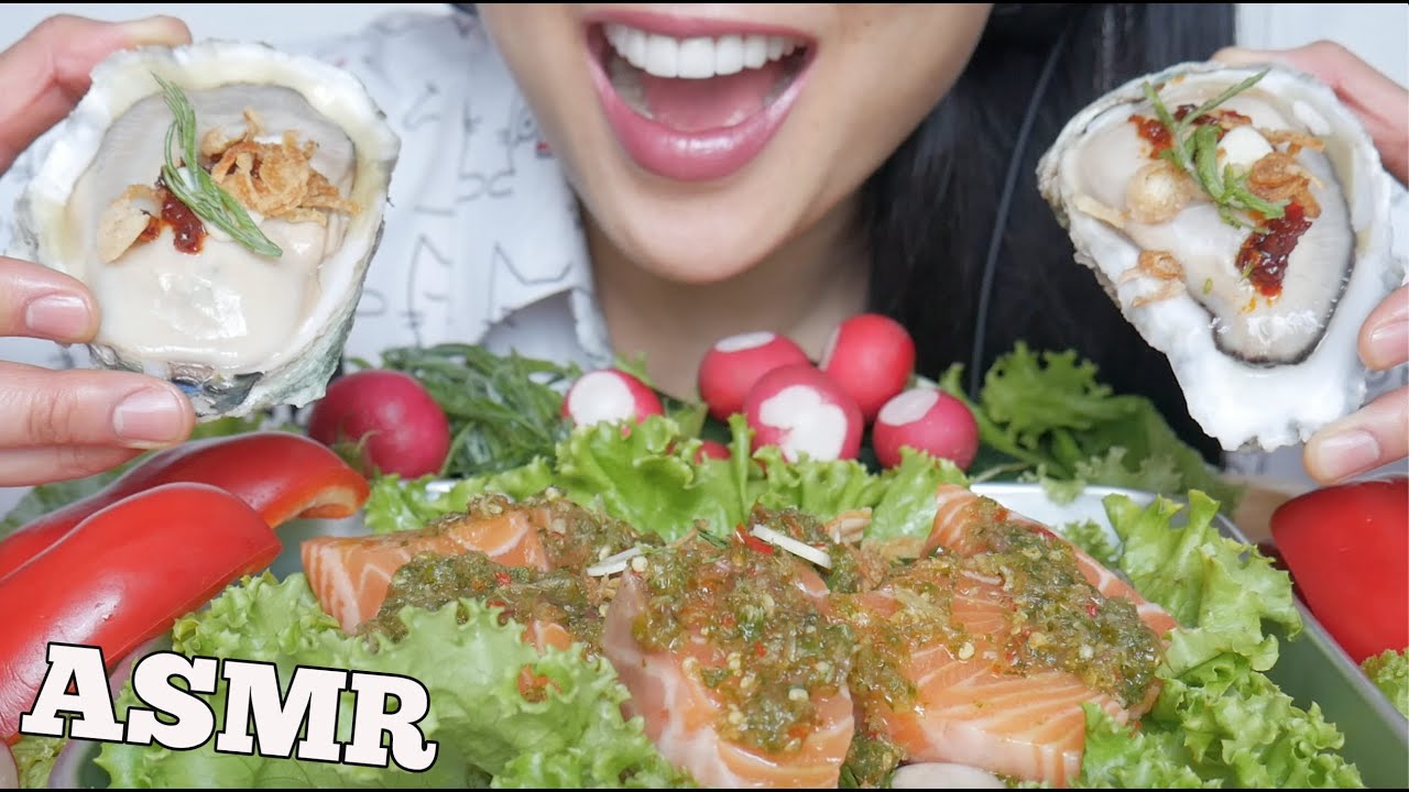 ASMR SPICY RAW OYSTER + SALMON SASHIMI (EATING SOUNDS) NO TALKING | SAS-ASMR