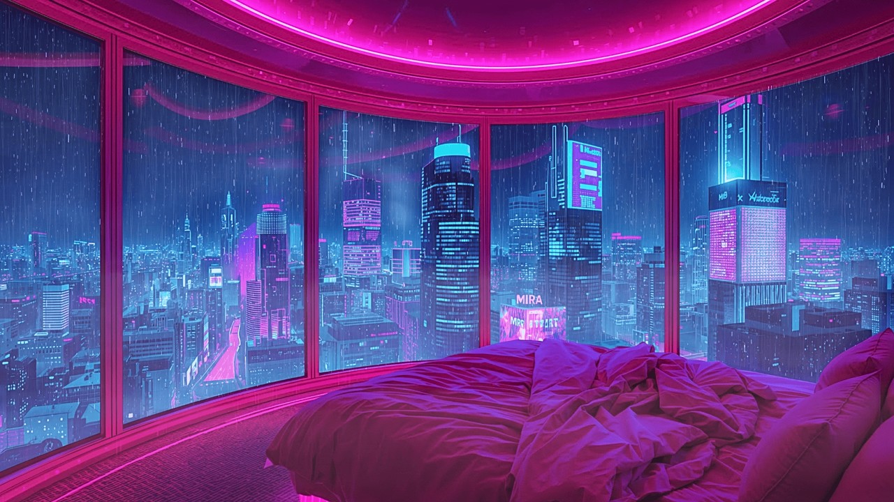Lofi Rainy Nights 🌧️ – Panoramic Neon City Bedroom for Deep Focus & Study | 4K