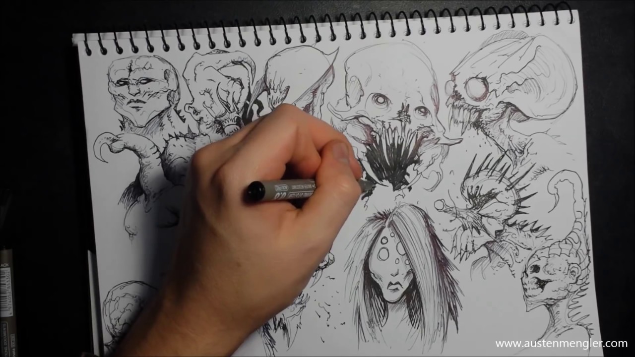 MONSTERS | 1 HR in 5 MINS | Timelapse Creature Design Drawing With Pen & Ink  (feat. Run Vaylor)