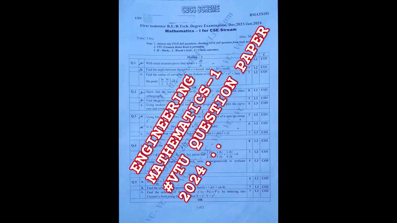 Engineering Mathematics-1 Question Paper 2024. #vtu #mathematics #BMATS101 #2024 #engineering