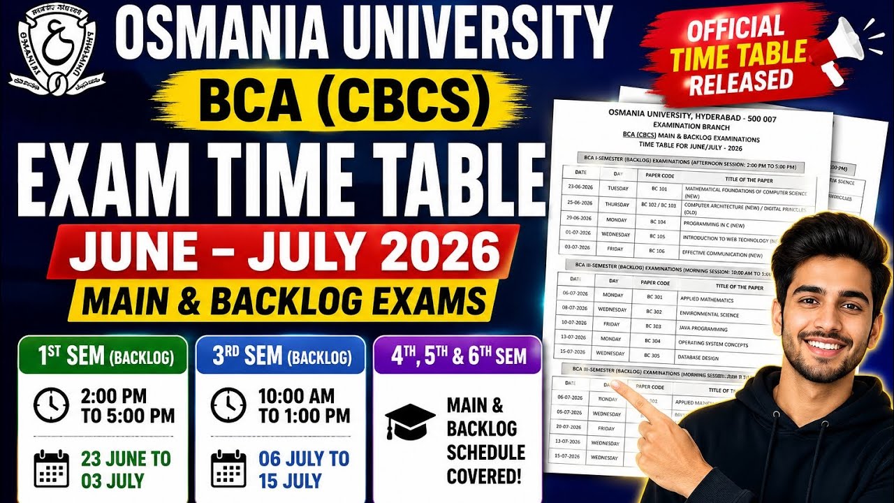 Osmania University BCA (CBCS) Exam Time Table 2026 Released | Main & Backlog Exams June&ndash;July 2026