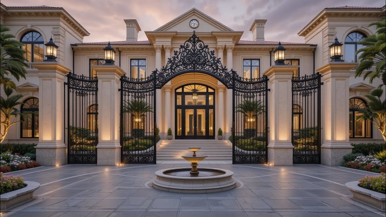 Grand Luxury Mansion Entrance with Wrought Iron Gate and Beige Stone Elegance | Mansion Diaries 