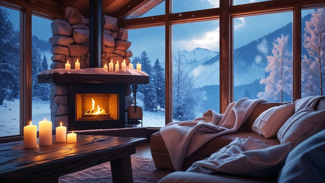 3 Hours of Cozy Winter Piano — Fireplace by the Window with Snowfall Outside