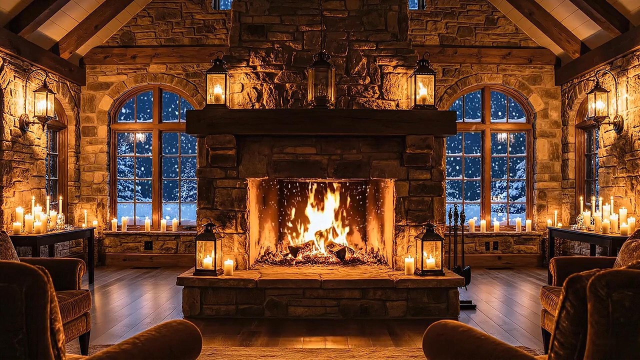 Relaxing 4K Winter Cabin Piano | Warm Fireplace & Snowy Night Windows