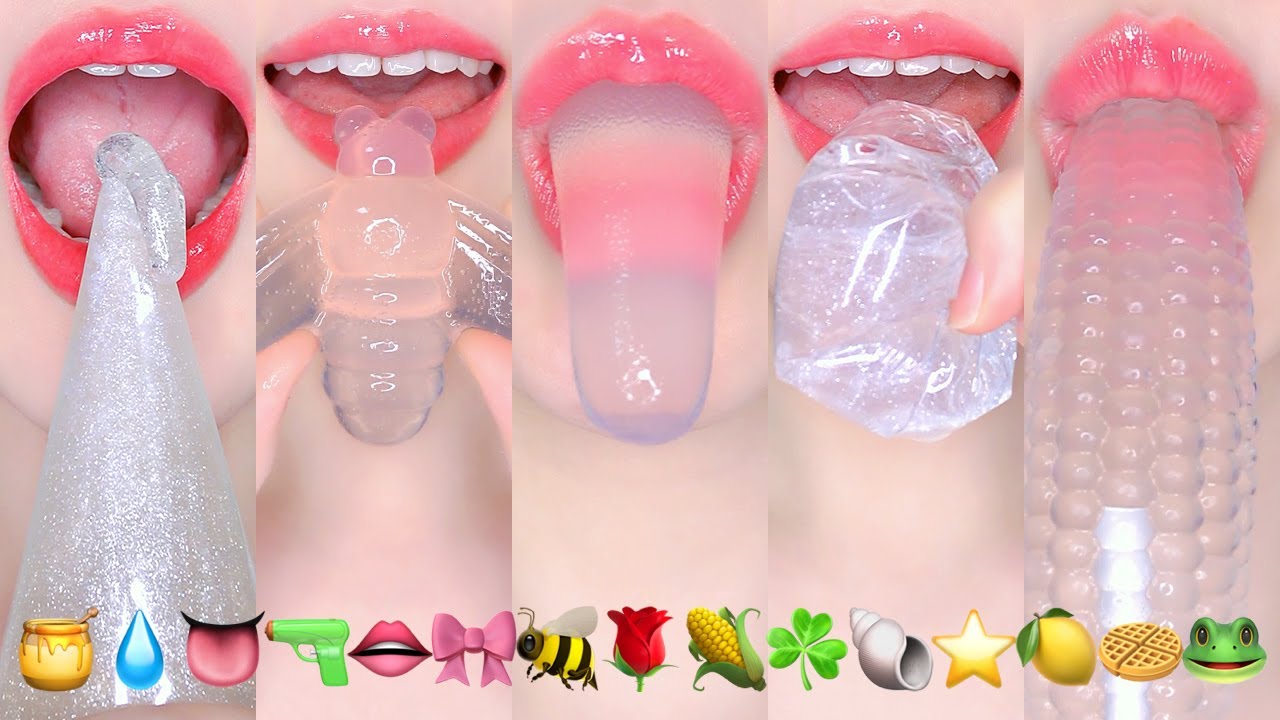 ASMR Clear Emoji Food Jelly🍯💧👅🔫👄🎀🐝🌹🌽☘️🐚⭐️🍋🧇🐸투명 이모지 젤리 먹방eating sounds
