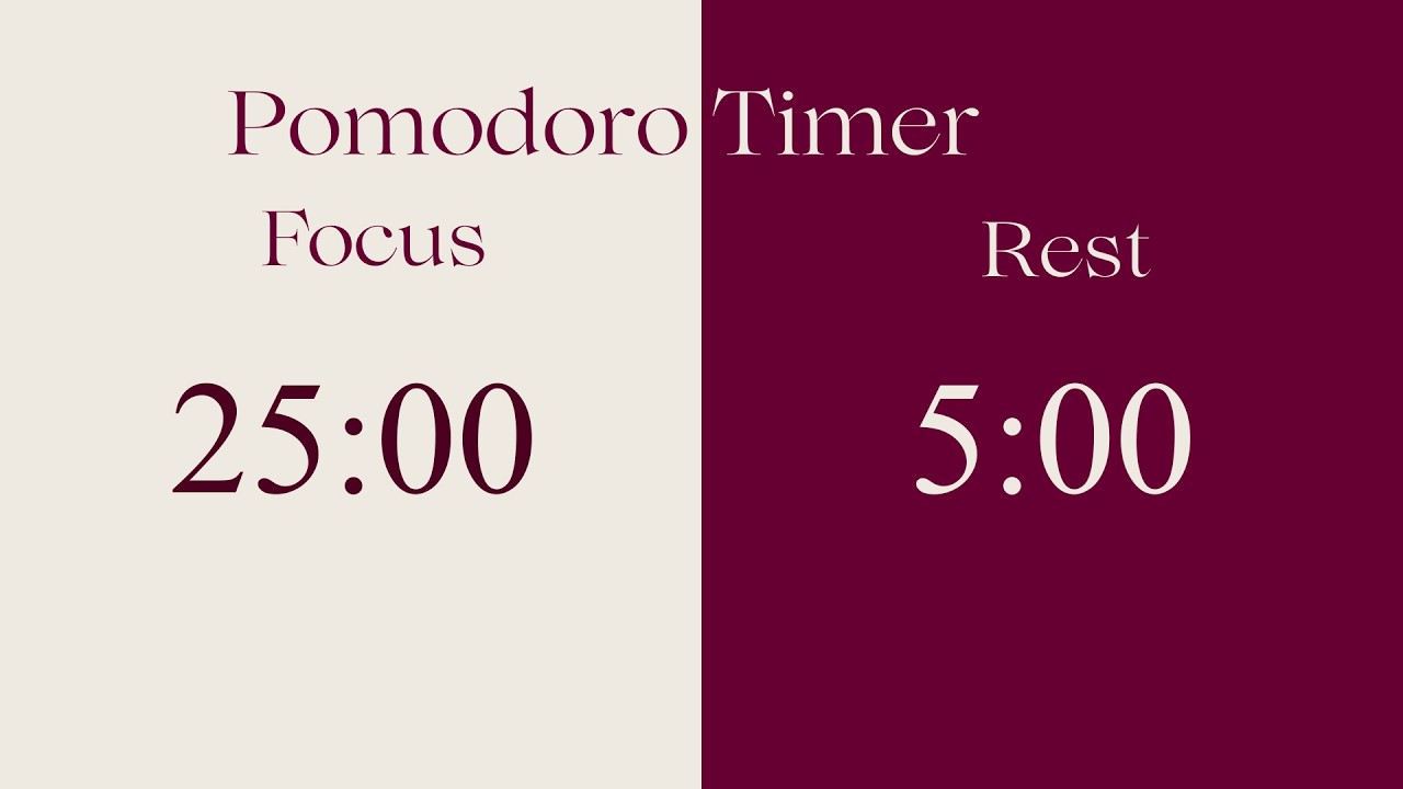 25/5 Pomodoro Timer | 3 hours focus session in burgundy | No music | Bell ring