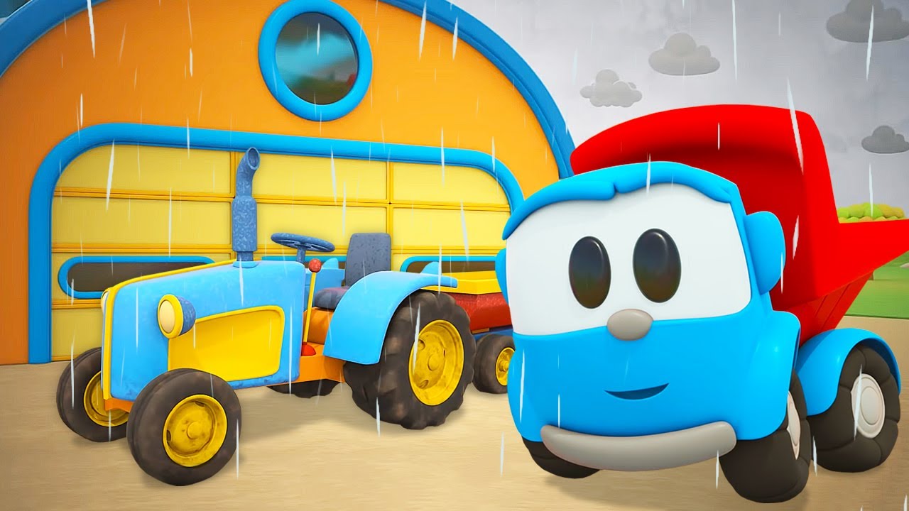 Leo the truck builds a garage for street vehicles & farm vehicles. Construction cartoons for kids.
