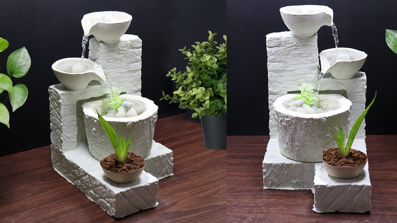 Wonderful Easy Homemade Indoor Tabletop Water Fountain | White Cement Using Desktop Water Fountain