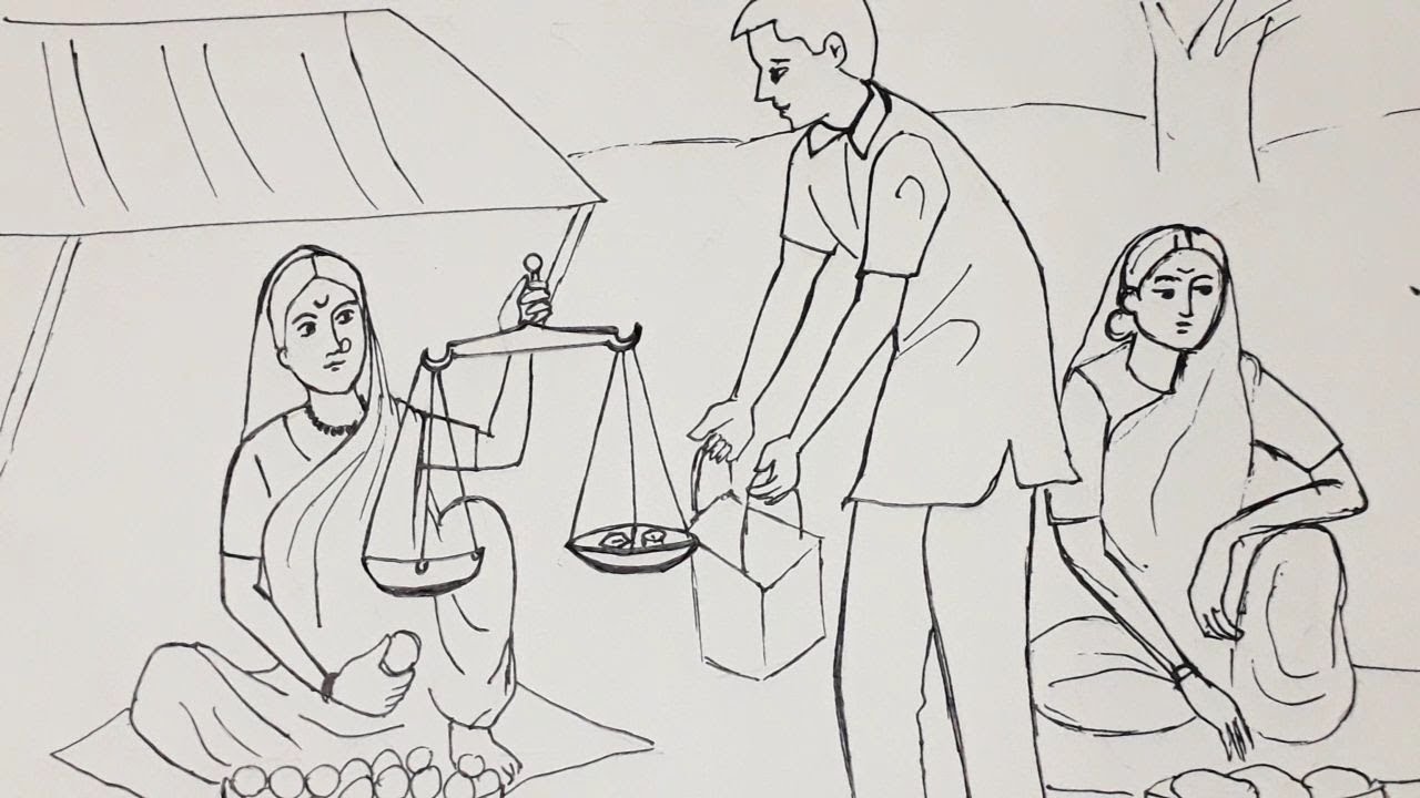 How to draw village market scenery | elementarydrawing