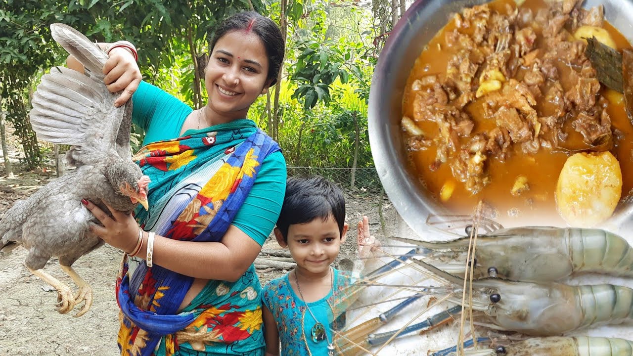 ছুটির দিনে বাড়ির দেশি মুরগির লাল ঝোল সাথে মোচা চিংড়ির  মালাইকারি @SNsimplevlogs