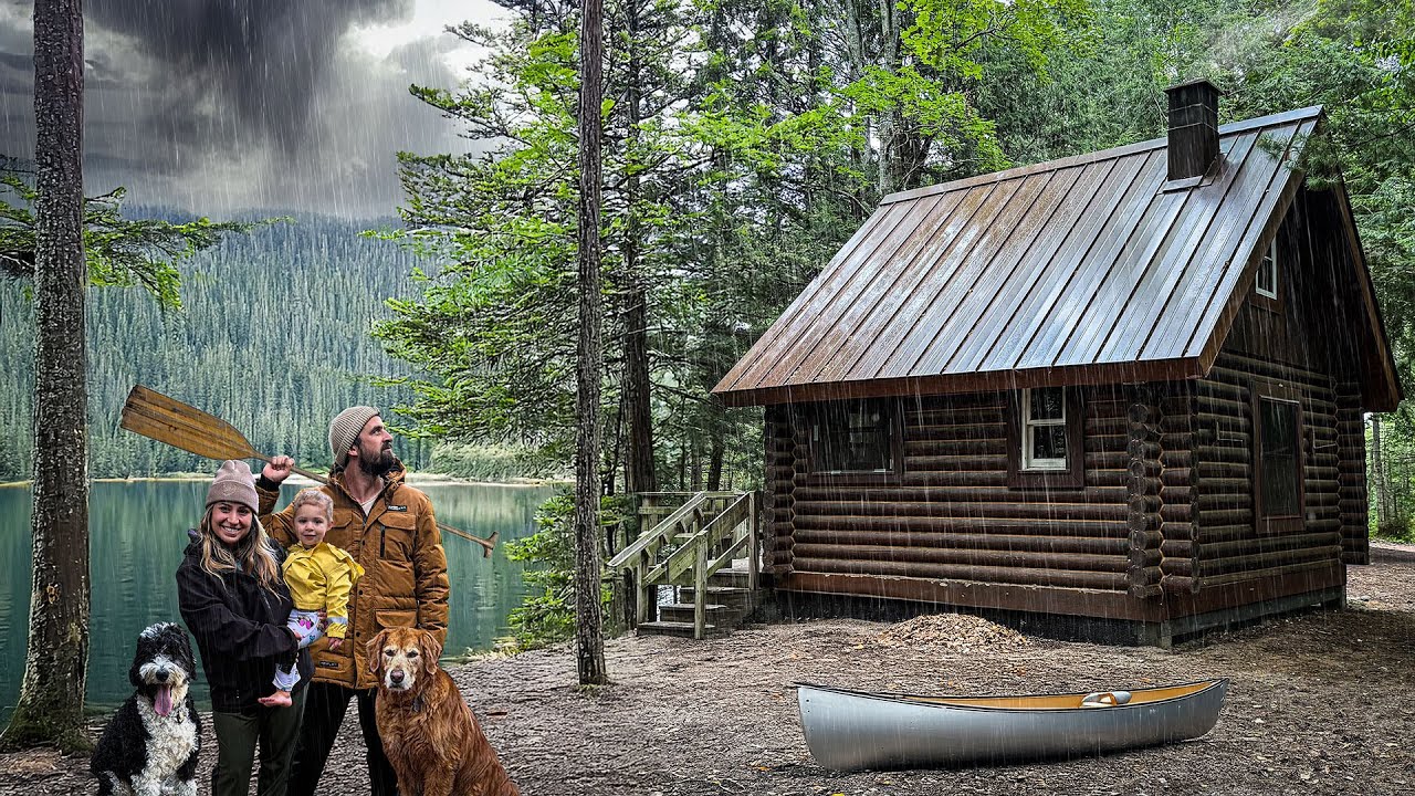 COLD RAINY NIGHT at a Wilderness Log Cabin on a Lake!