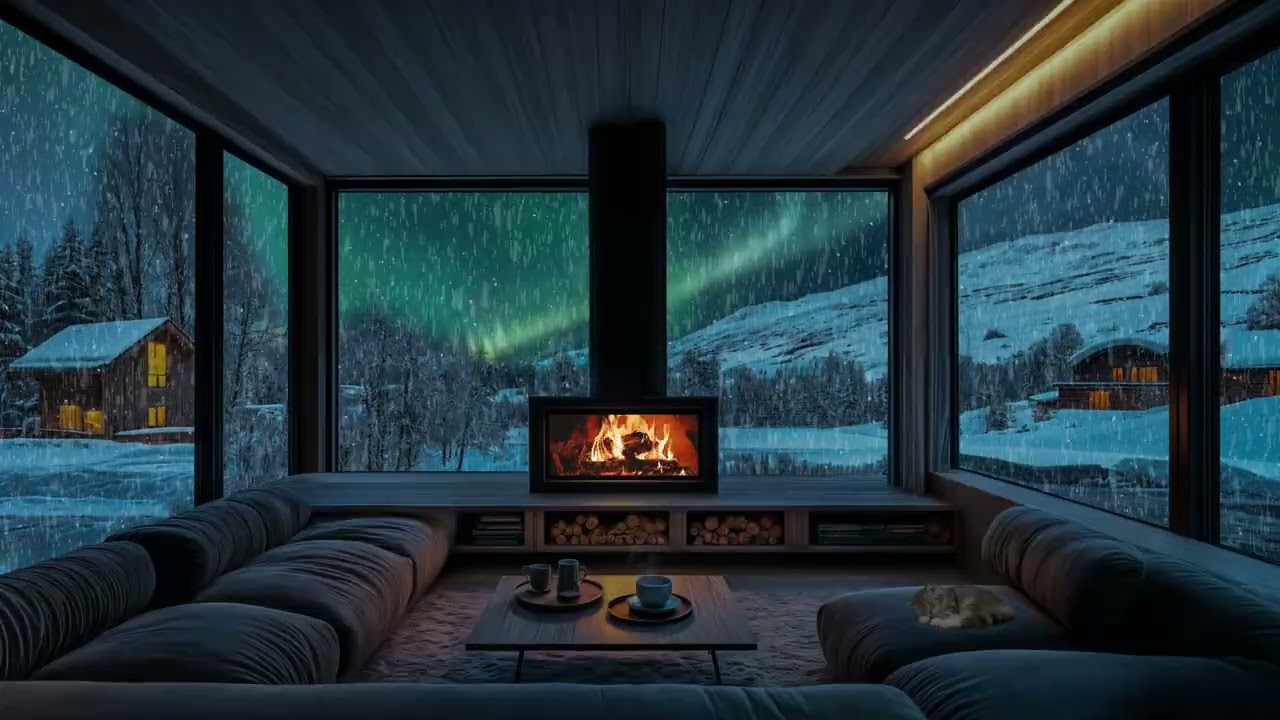 Dreamy Aurora Night Vibes ❄️ Relaxing in a Cabin with Snowfall & Fire Sounds Ambience for Deep Sleep
