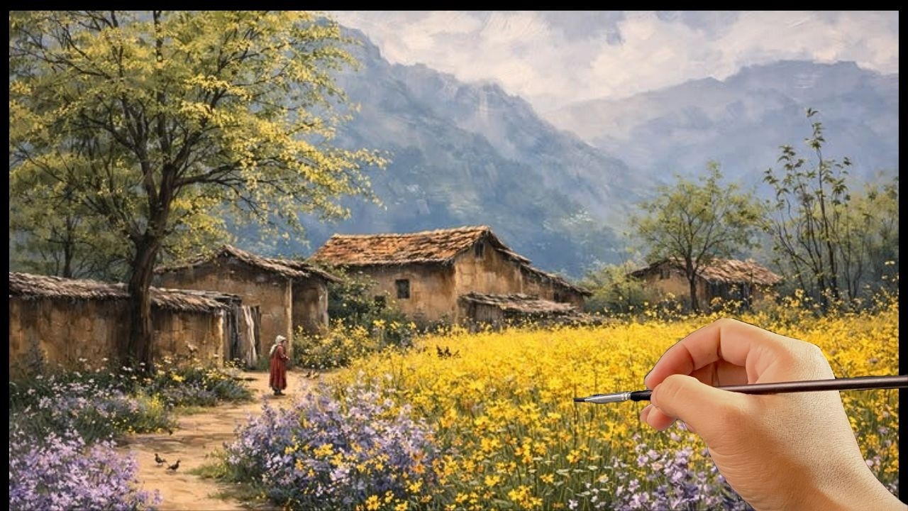 🎨 Painting a Dreamy Mountain Village in Bloom | Relaxing Acrylic Landscape Tutorial | #060