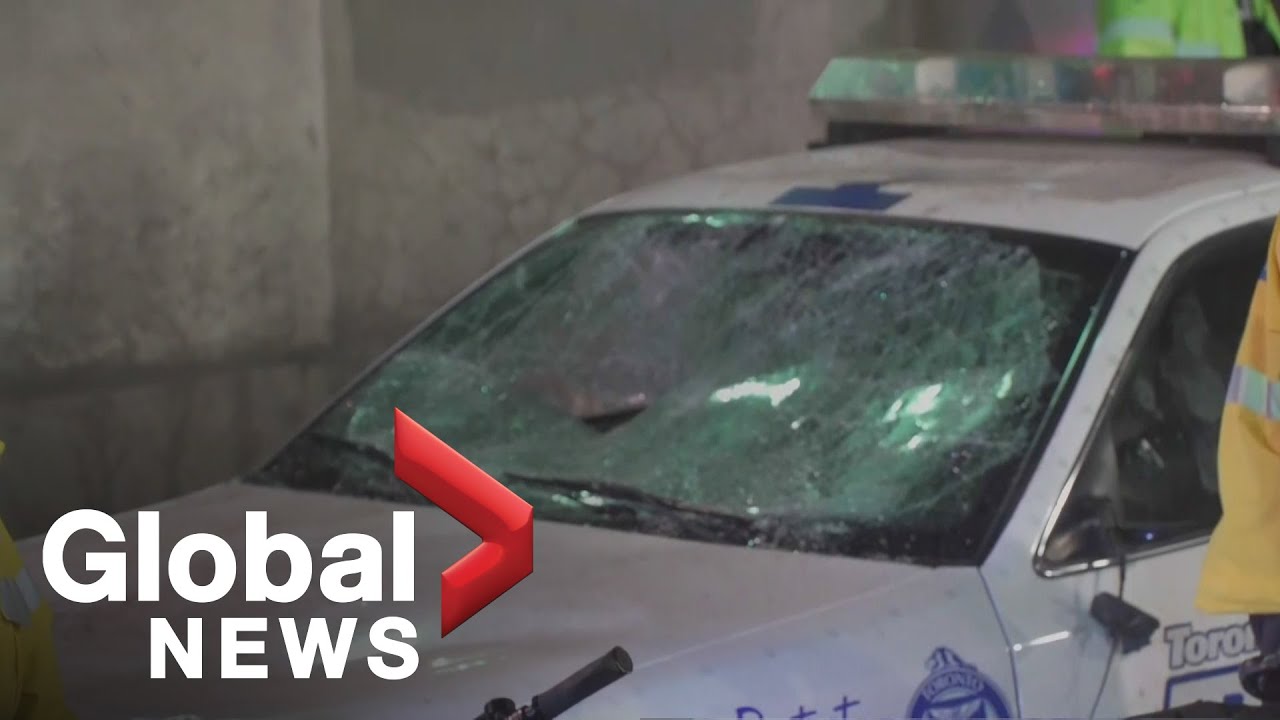 NBA Finals: Damaged police car seen in underpass as Raptors fans celebrate
