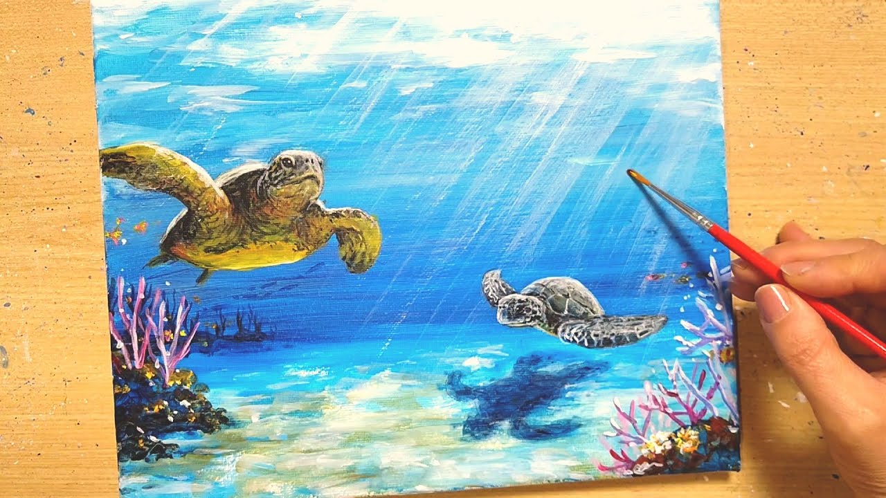 アクリル絵の具で【ウミガメ】の描き方/海の中の景色/初心者のための簡単なアクリル画/Step by step