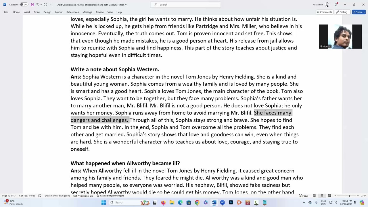 Write a note about Sophia Western of Tom Jones by Henry Fielding | বাংলা লেকচার | Bengali Lecture
