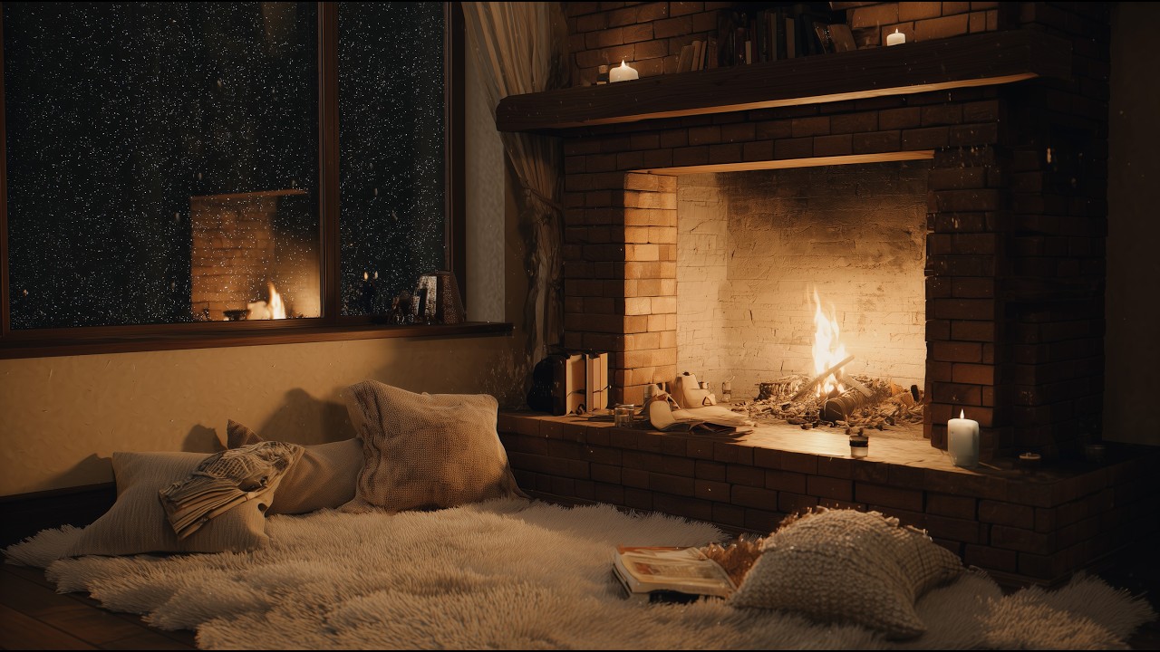 Cozy Fireplace & Snowy Night Ambience – Only Crackling Fire Sounds💤