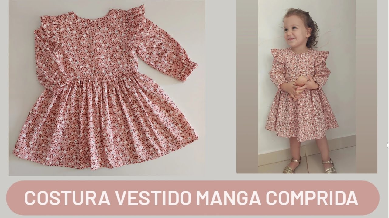 COMO COSTURAR VESTIDO INFANTIL COM MANGA COMPRIDA E DETALHES DE ELÁSTICO NO PUNHO #costurainiciantes