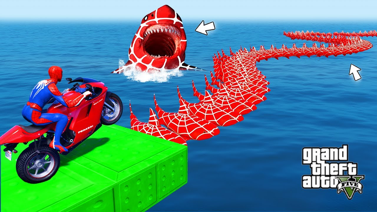 Spider-man rescues Iron man and Superheroes on Motorcycle in Rainbow Shark Bridge | GTA ProGamer