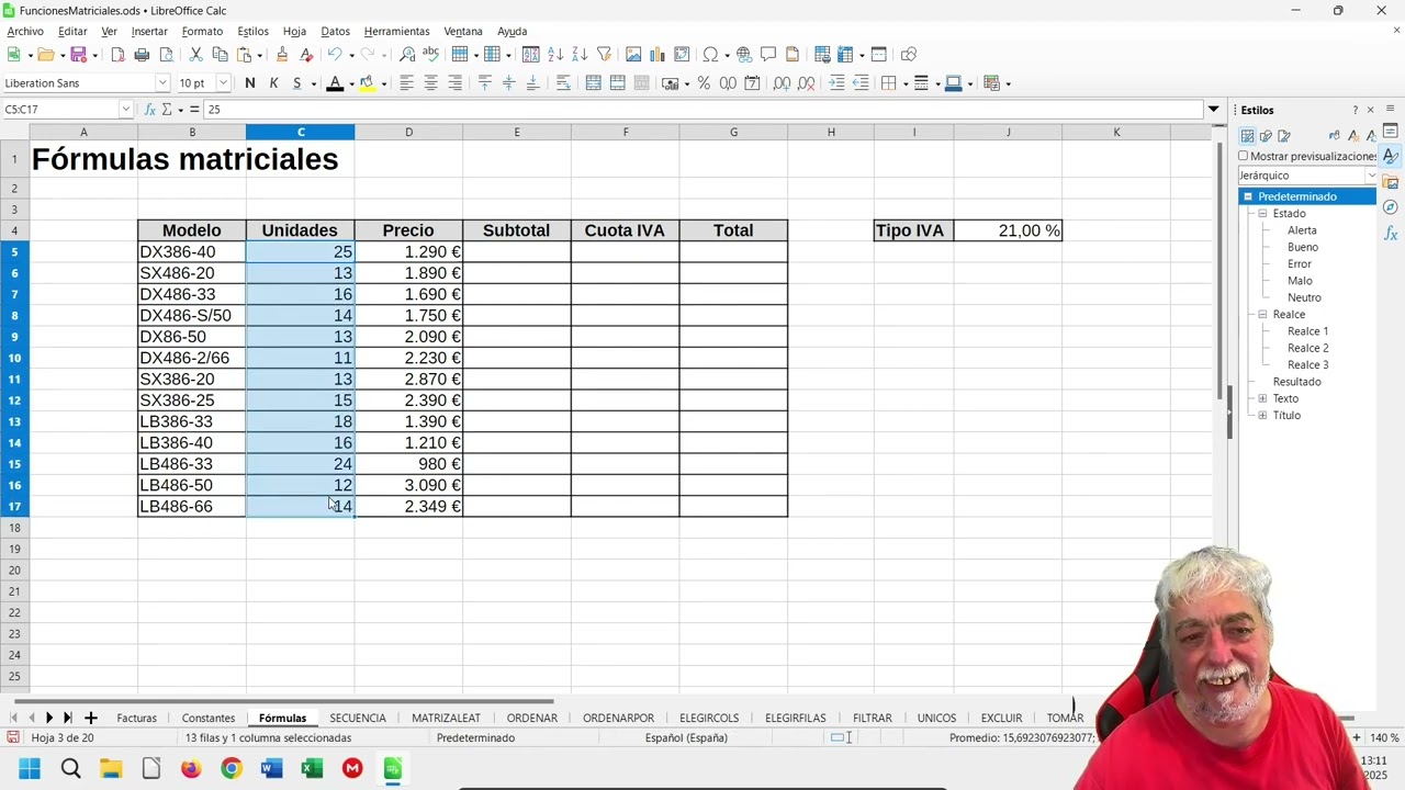FM02 Fórmulas matriciales en LibreOffice Calc