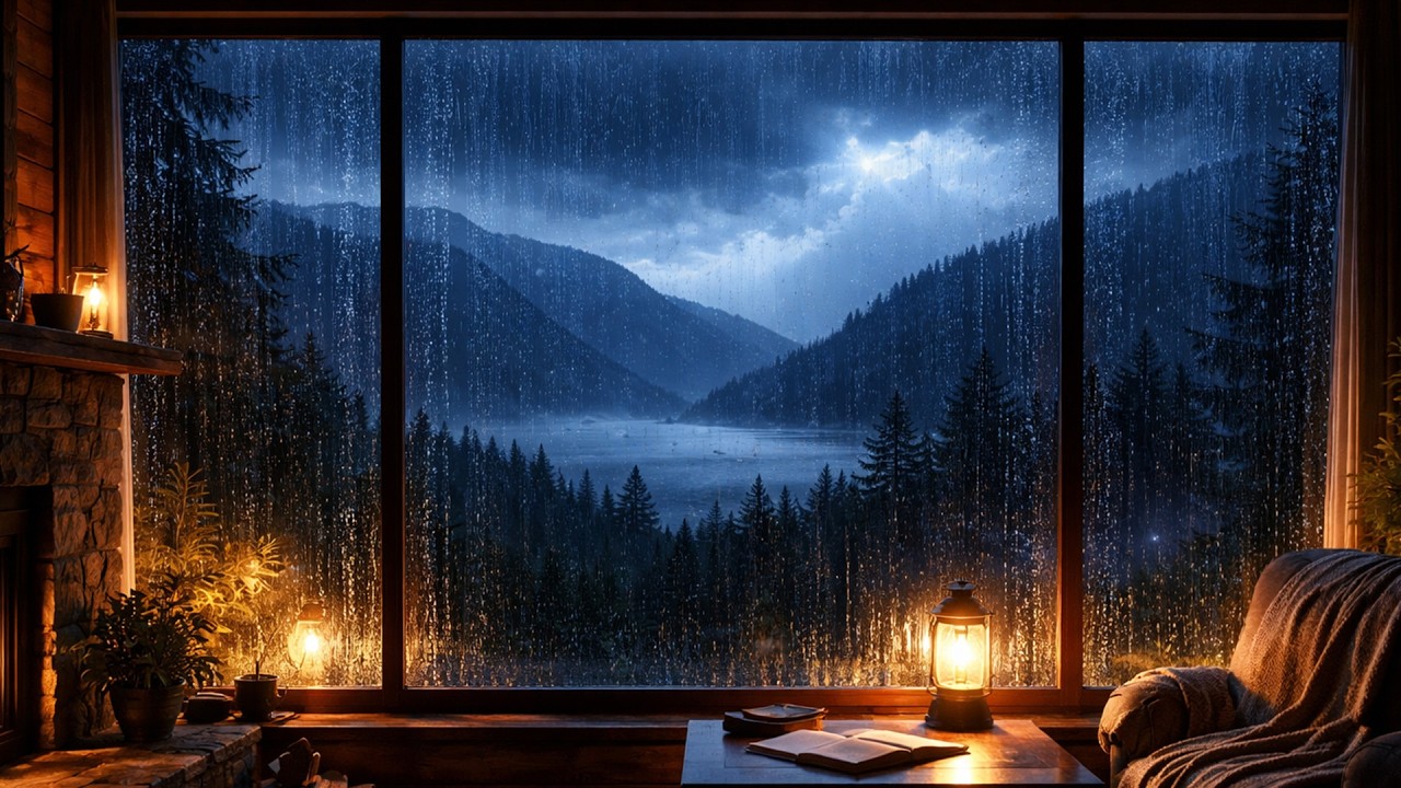 Heavy Rainstorm Outside the Cabin Window with Soft Night Thunder