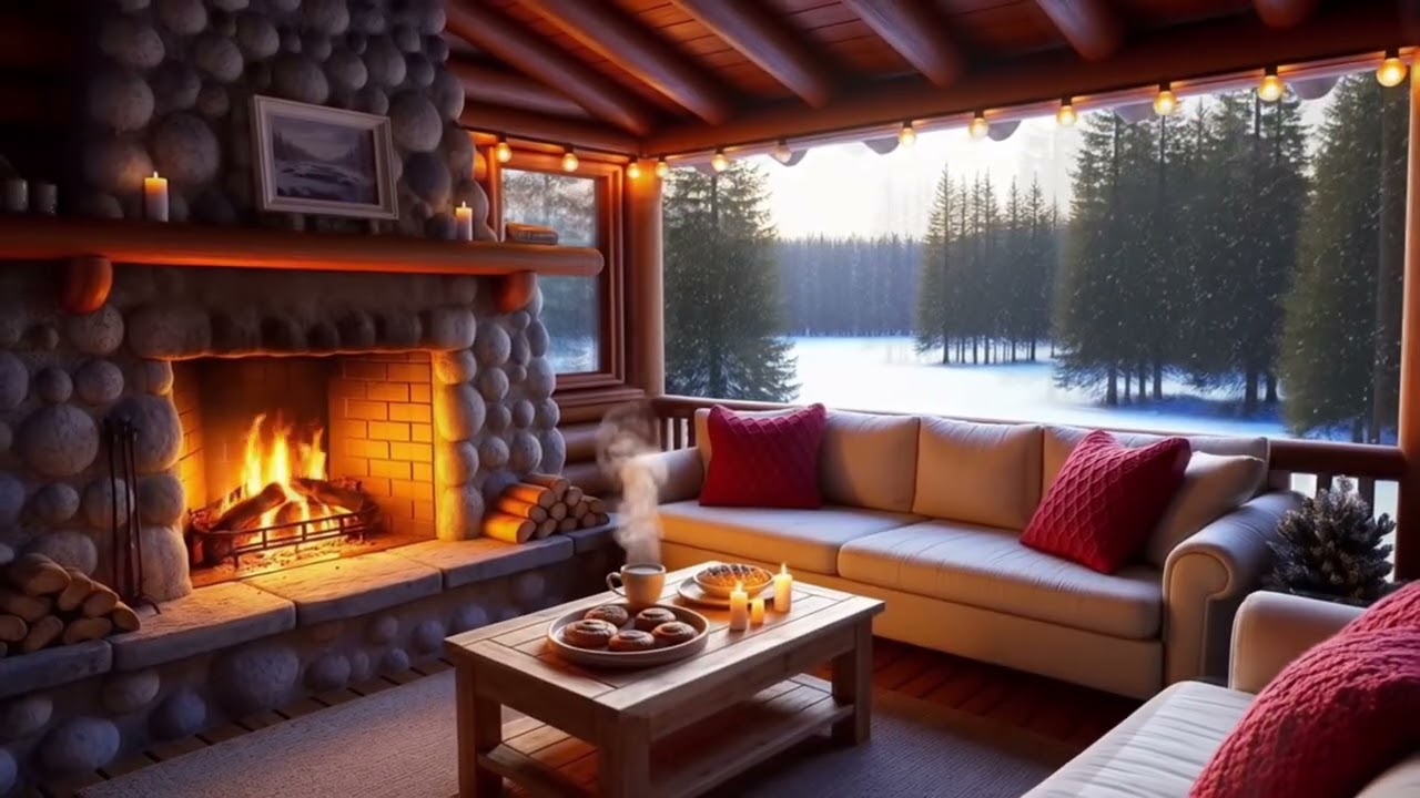 Crackling Fireplace in a Snowy Cabin | Ultimate Cozy Winter Escape