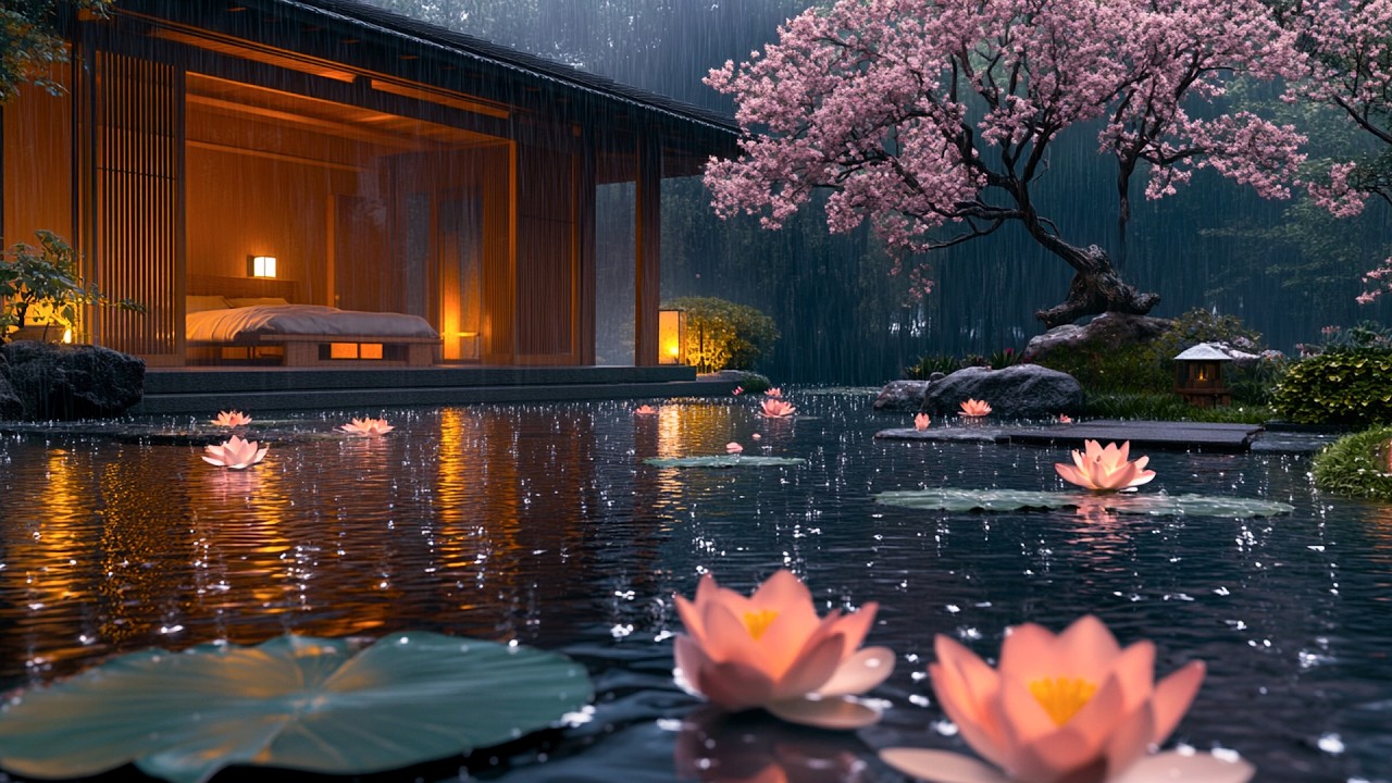 Heavy Rain at a Luxury Wooden Retreat 🌧️ Lotus Pond Reflections for Deep Sleep and Anxiety Relief 🌸
