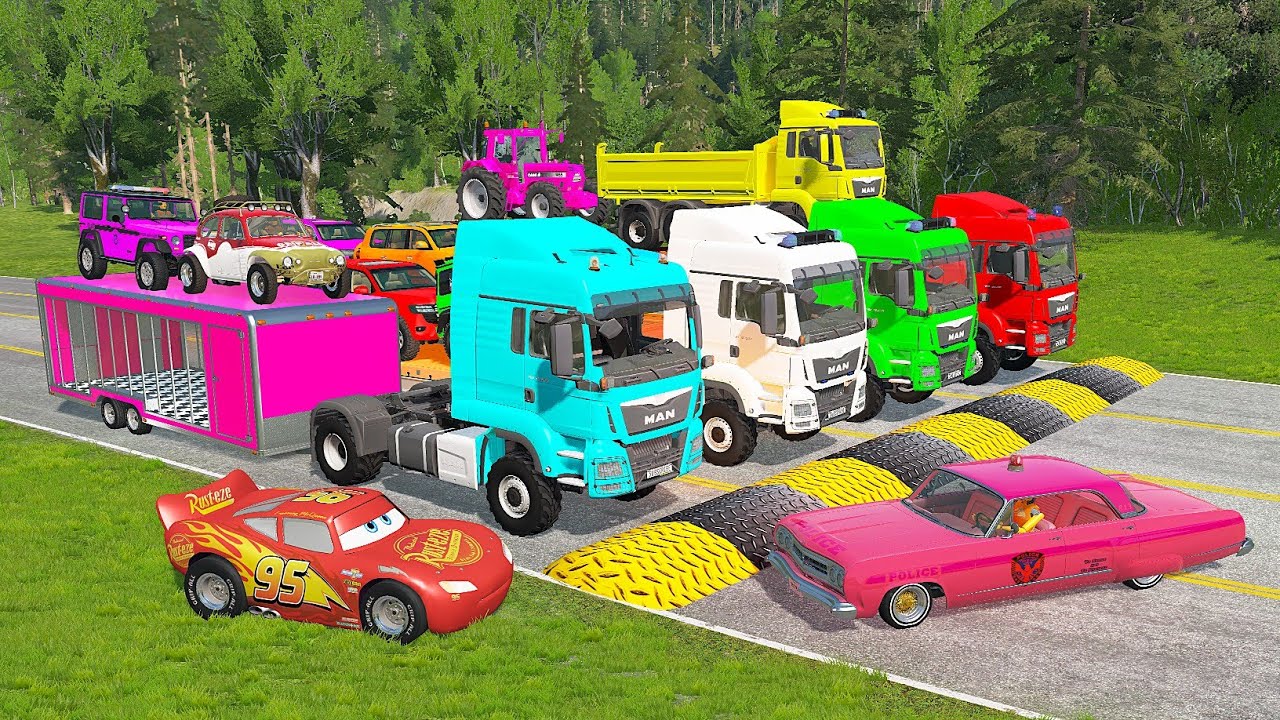 Flatbed Truck Mcqueen | Transportation with Truck - Pothole vs Car #35 - BeamNG.Drive