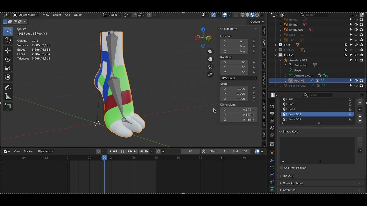 Low poly female foot rig and animation deform test (Blender 5.0)