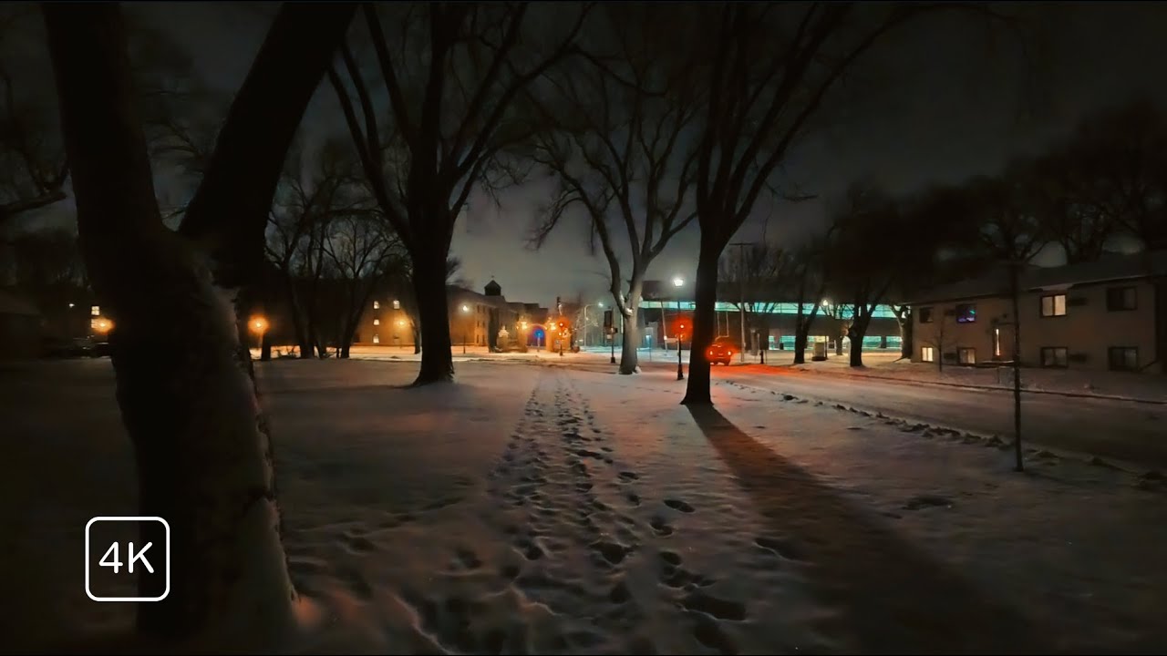 Gentle Snowfall Night Walk 4K | Peaceful Winter Neighborhood for Focus