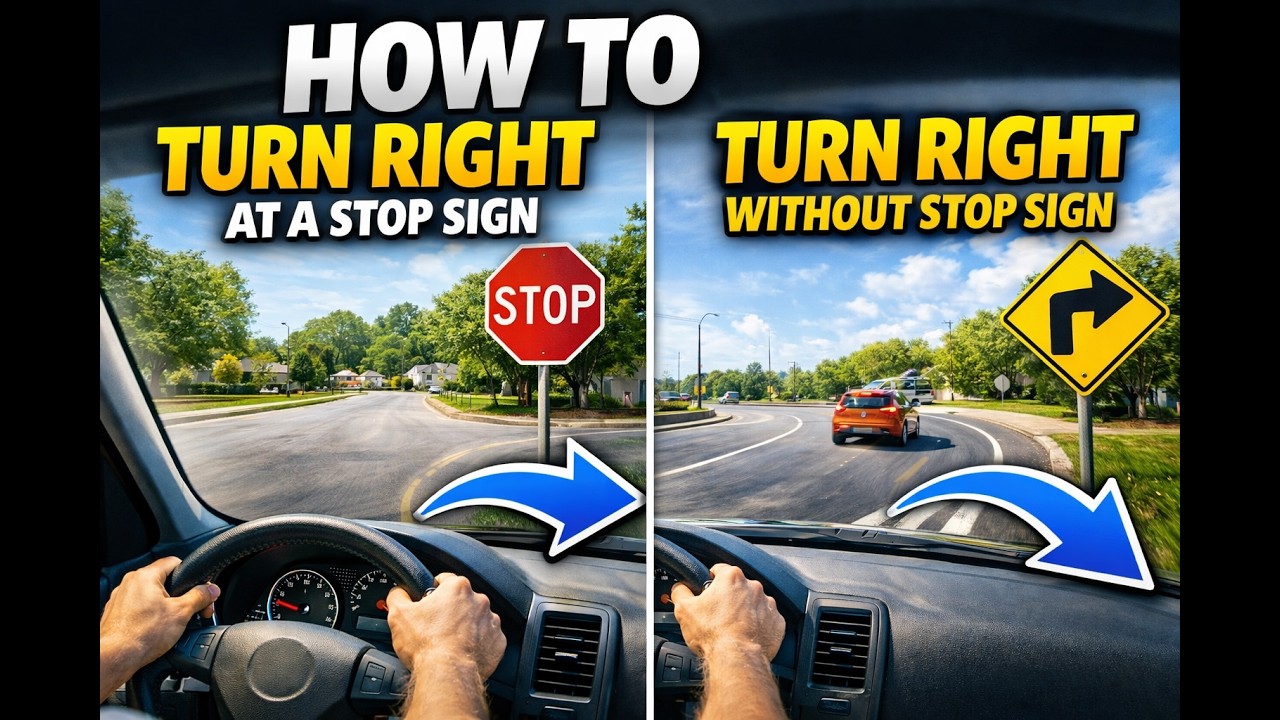 How to turn right at the stop sign and without the stop sign ? #drivingschool #drivinginstructor