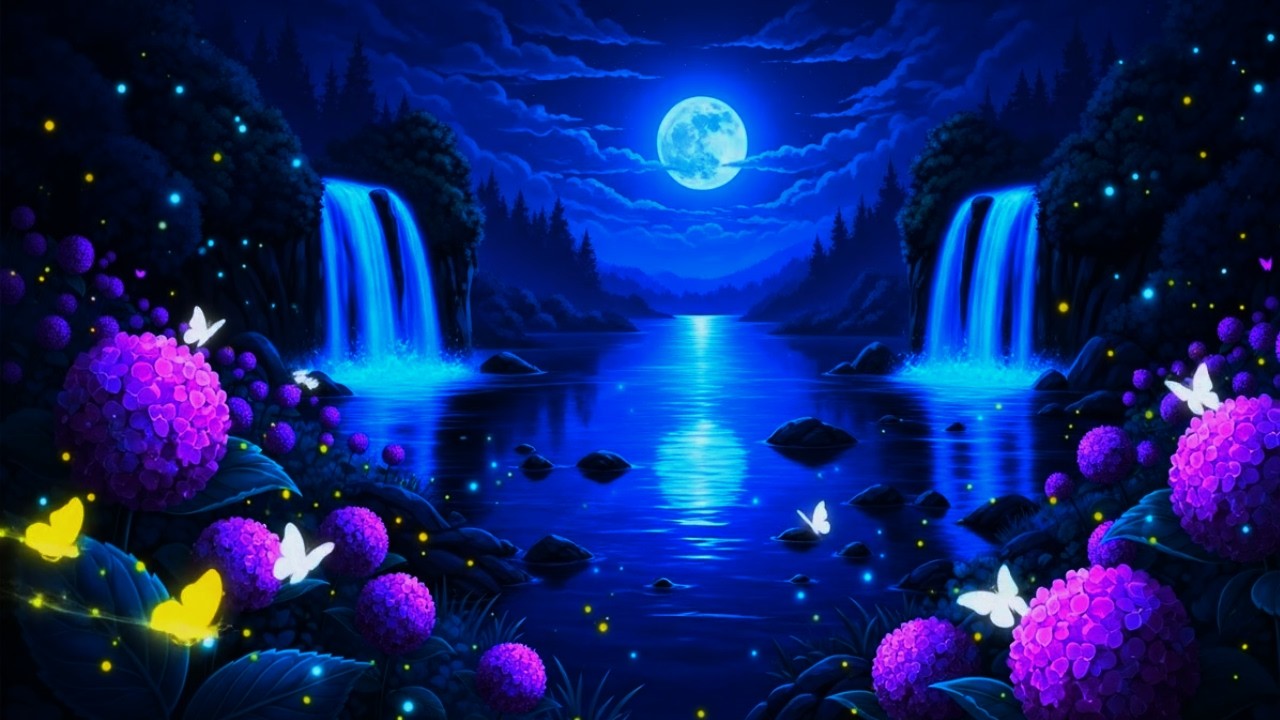 Celestial Night Waterfall ✨ Relaxing Music for Anxiety Relief & Better Sleep | Calm Nature Ambience