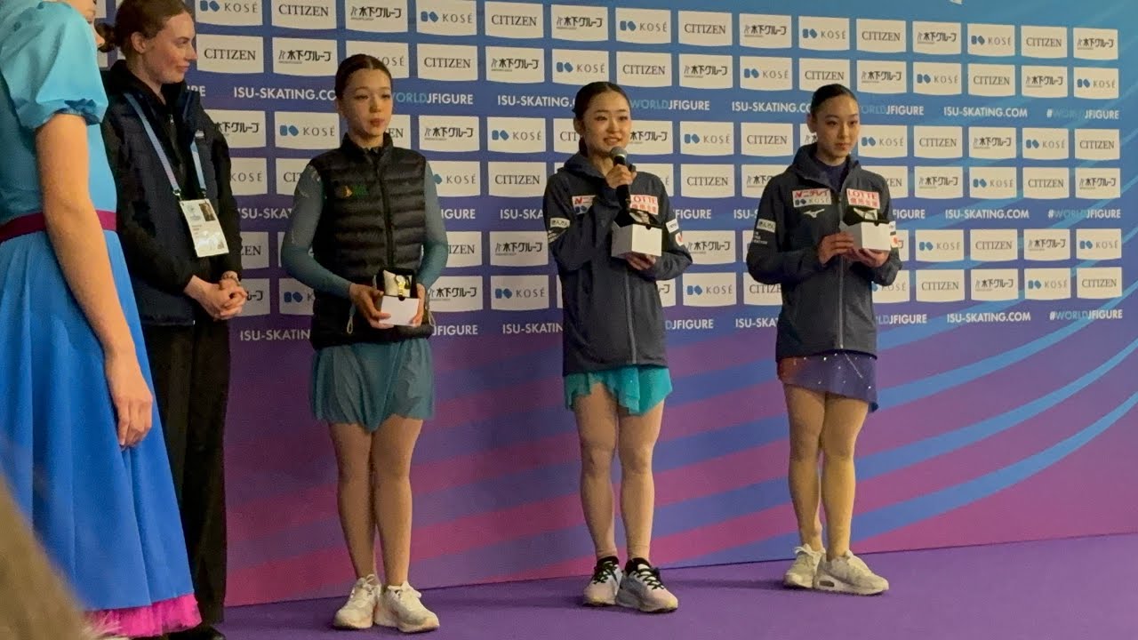 2026 Junior Worlds women small medal ceremony: Mao Shimada, Hana Bath, Mayuko Oka Tallinn, EST