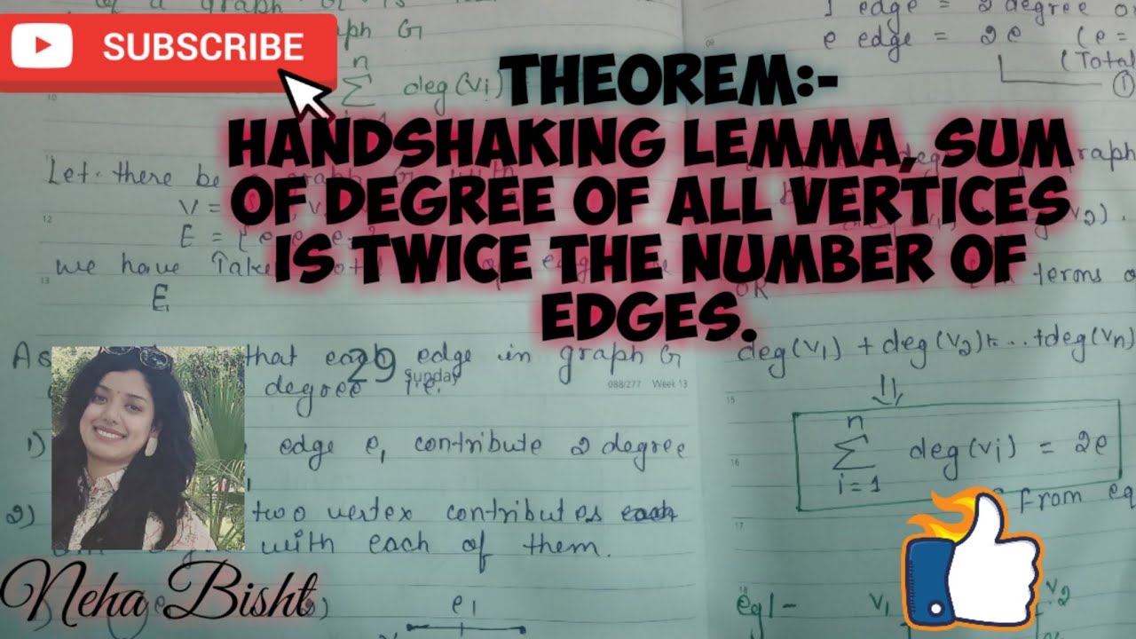Theorem:- Sum of degree of all vertices is twice the number of edge, handshaking lemma