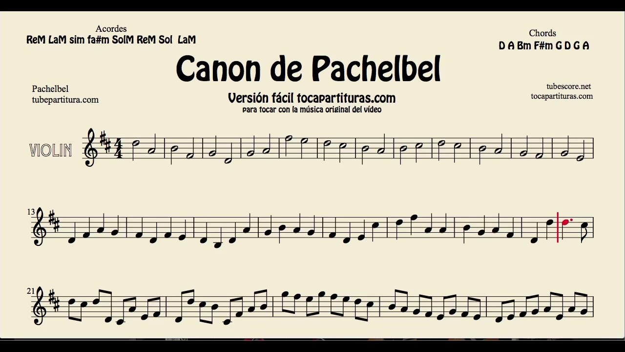 Pachelbel's Canon Sheet Music for Violin tocapartituras com version