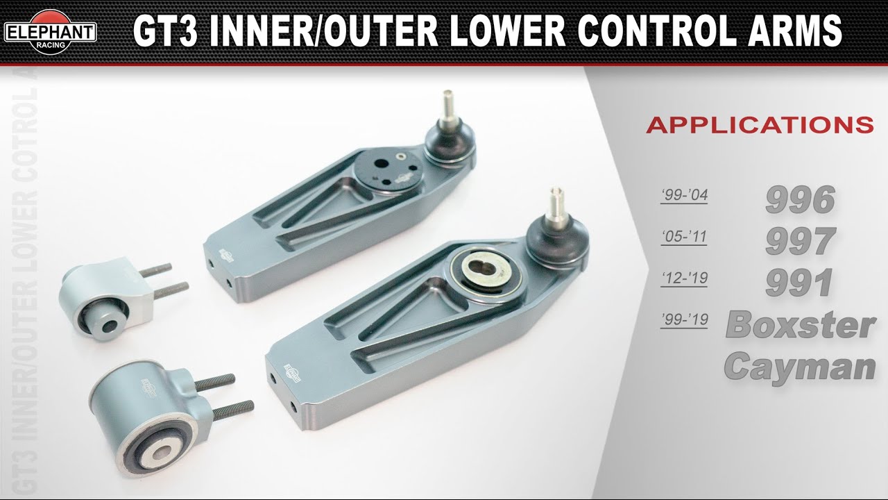 GT3 Inner and Outer Lower Control Arms for Porsche 996, 997, 991, Boxster, & Cayman Elephant Racing