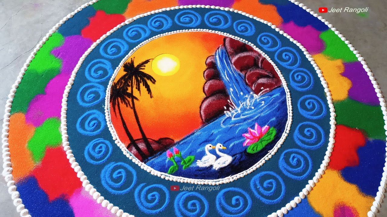 Beautiful scenery rangoli with multicolored design for Diwali. दिवाली के लिए आकर्षक रंगोली।