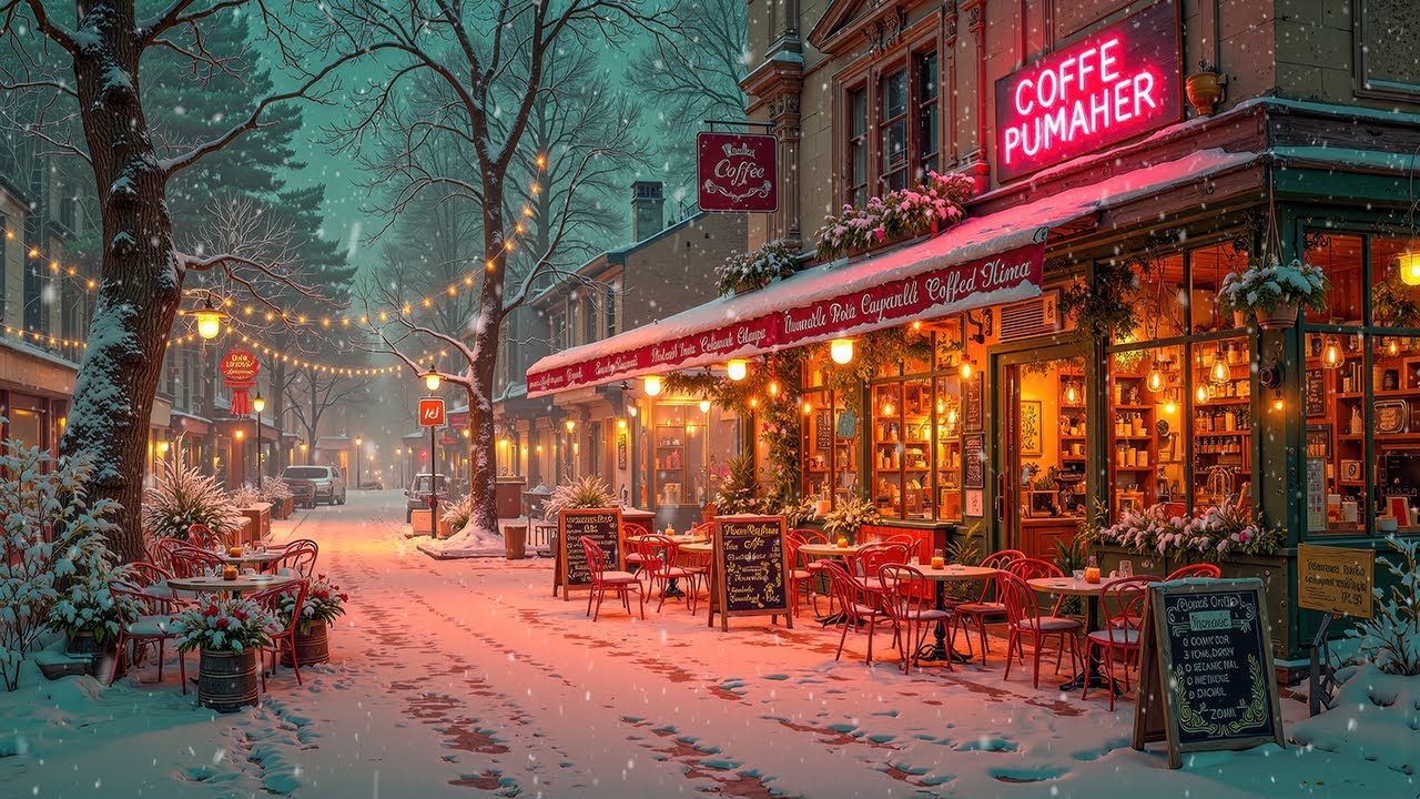 Snowy European Coffee Street Jazz ❄️ Warm Café Ambience with Soft Jazz for Peaceful Nights
