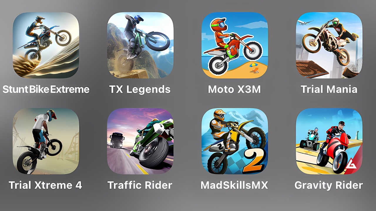 Stunt Bike Extreme, TX Legends, Moto X3M, Trial Mania, Trial Xtreme 4, Traffic Rider, MadSkillsMX,