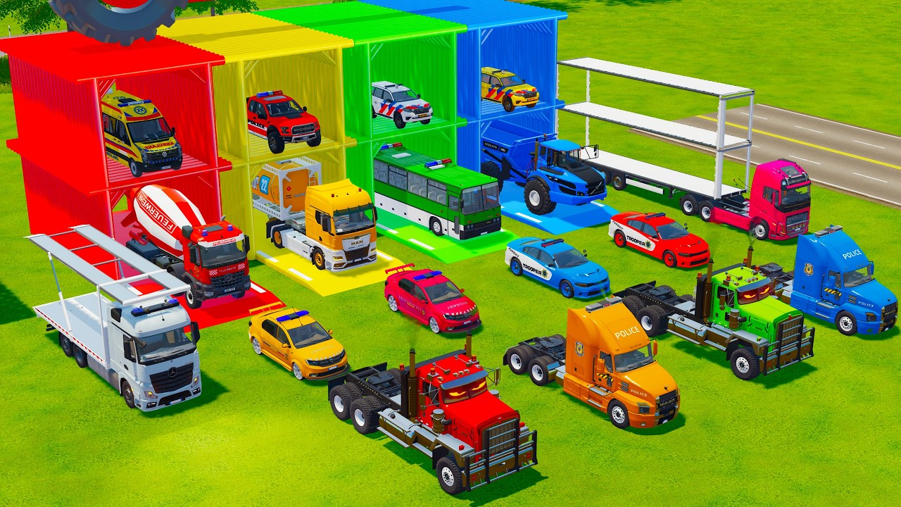 ALL POLICE VEHICLES, FIRE ENGINE, TIPPER AND TANK TRUCK TRANSPORT TO GARAGE - FS22