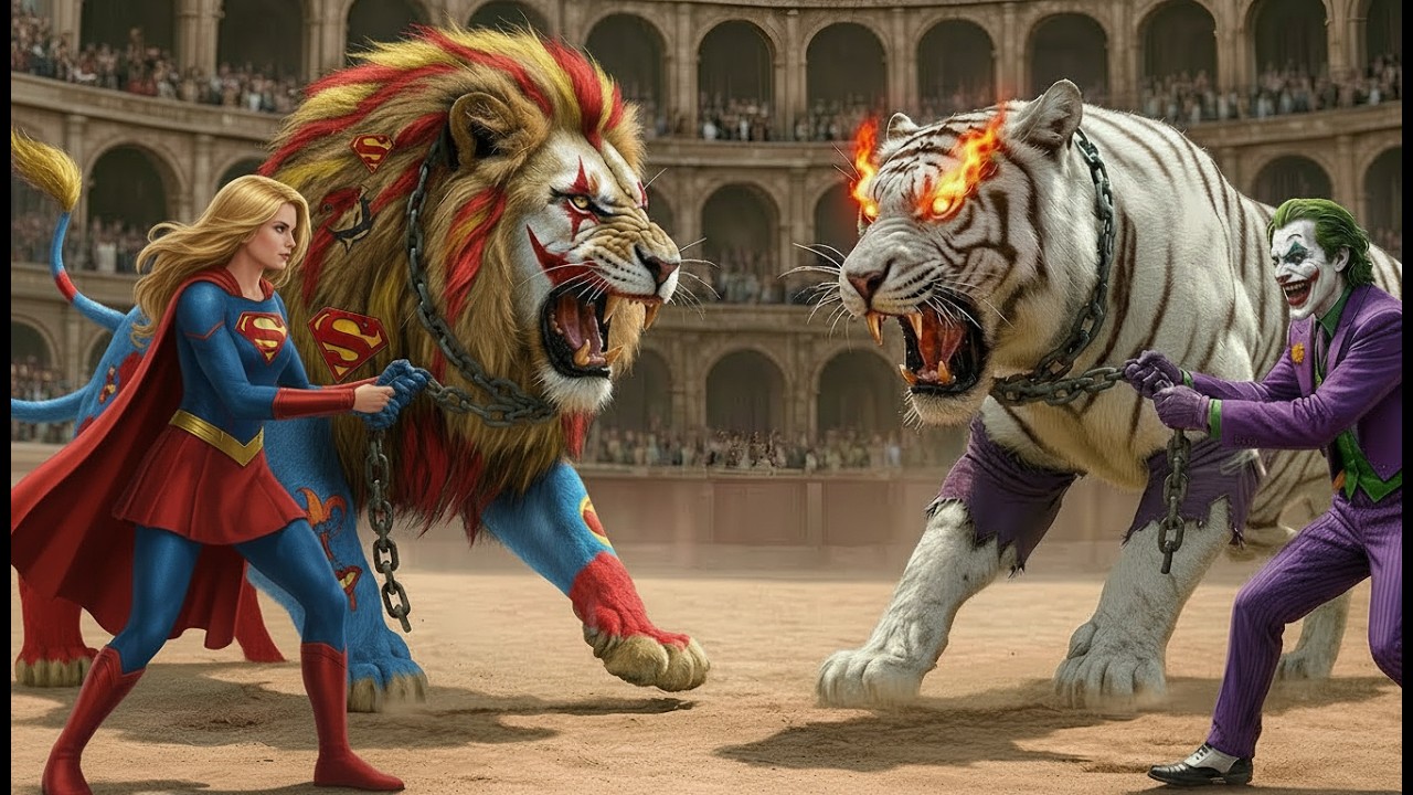 “Lion vs White Tiger Epic Showdown – Supergirl & Joker Clash 🐯🔥”