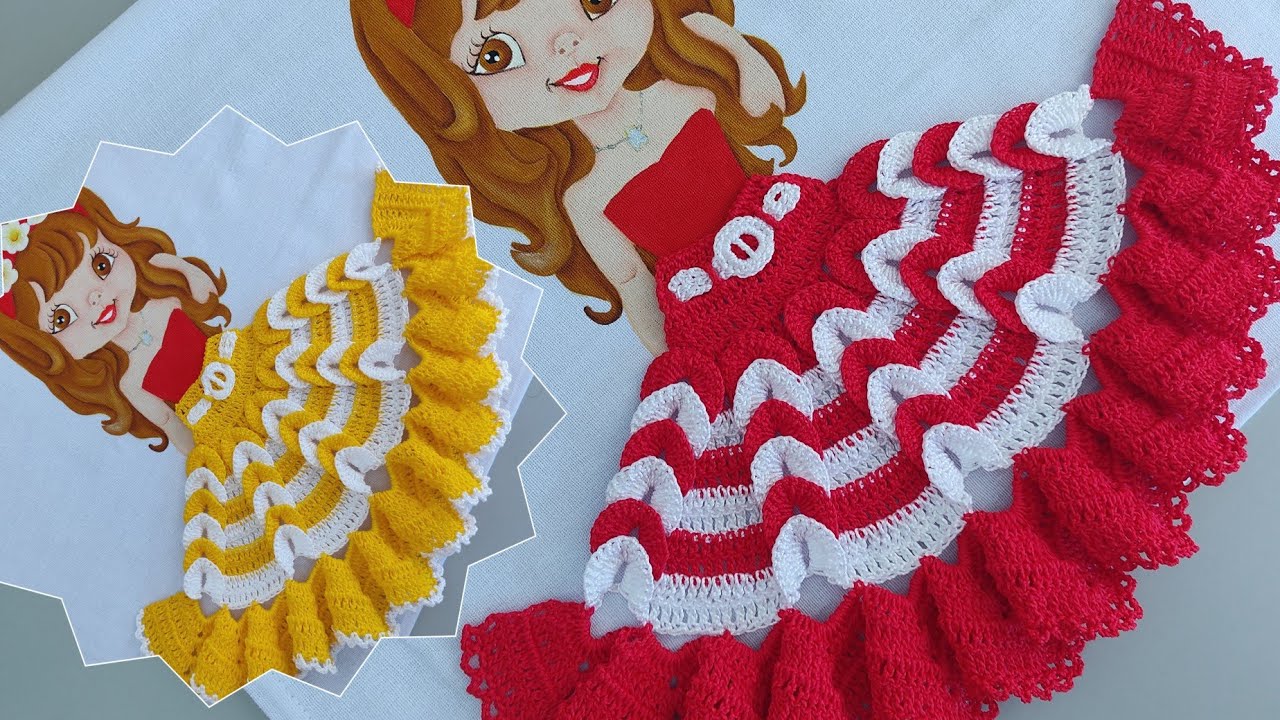saía de crochê para boneca pintada em pano de prato