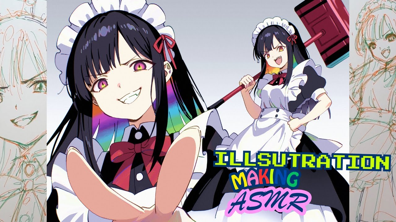 Rainbow Hair Maid with a Giant Hammer: ASMR Ball-Point Sketch → Full Digital Paint-Over