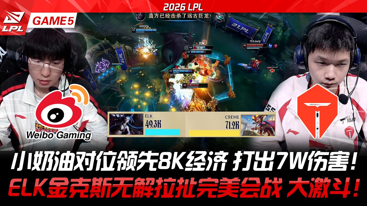 WBG vs TES 小奶油對位領先8K經濟打出7W傷害！ELK金克斯無解拉扯完美會戰 大激鬥！-2026LPL GAME5