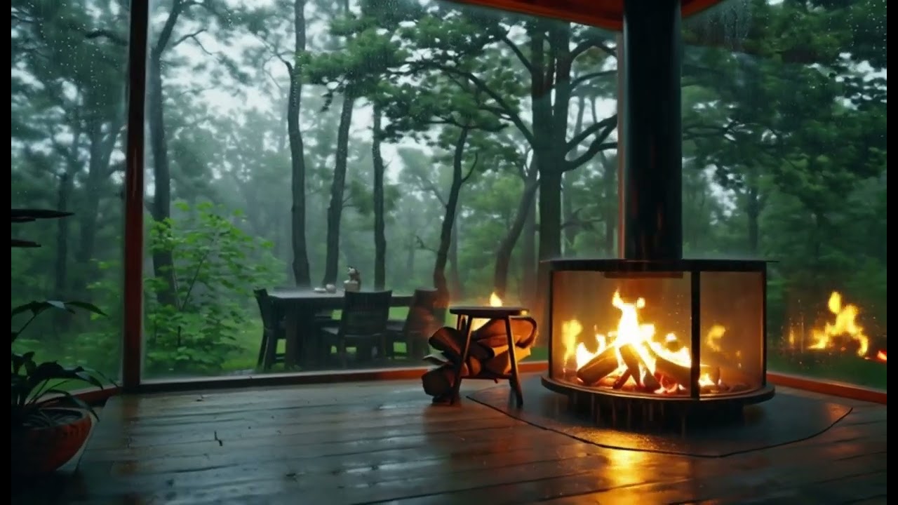 Cozy Rain in a Forest Cabin with Fireplace Sounds|Sleep Ambience