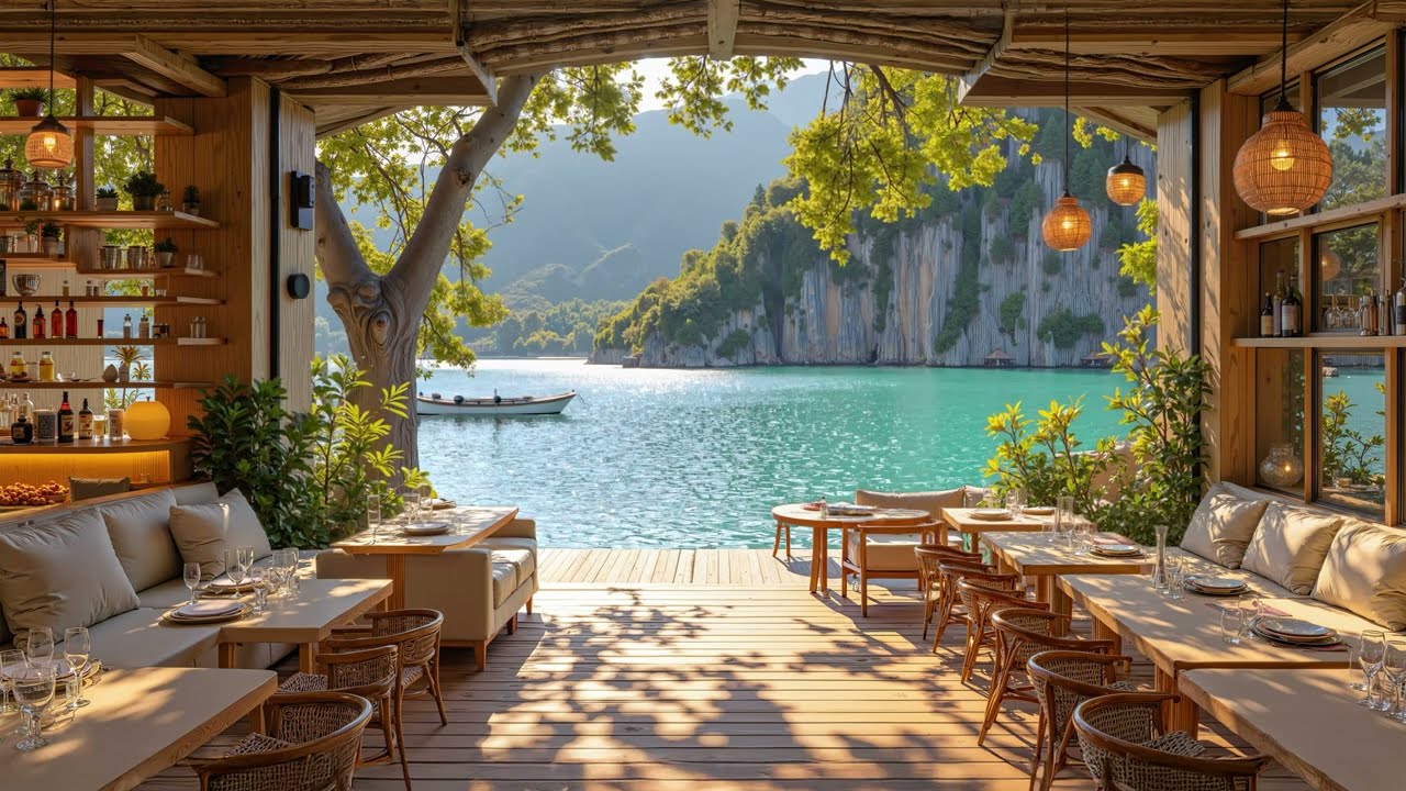 Relaxing Lake Café Jazz ☕ Tropical Lagoon Restaurant Ambience for Work, Study & Relax