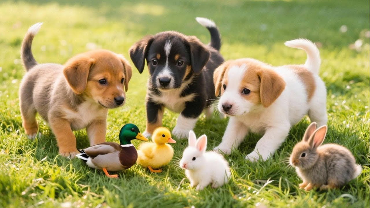 Puppies happily play with ducklings and baby rabbits on the grass - Dog barking sounds - Dog videos