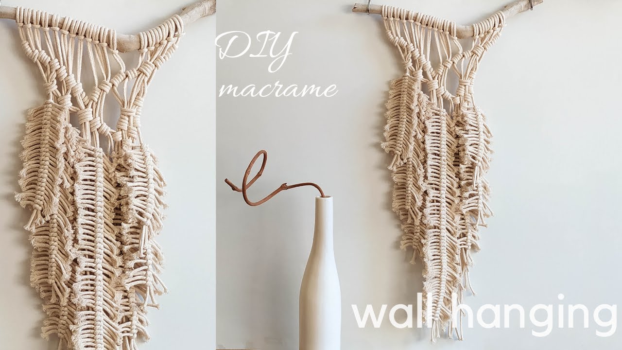 DIY macrame wall hanging tutorial with long fern leaves, unusual easy new pattern