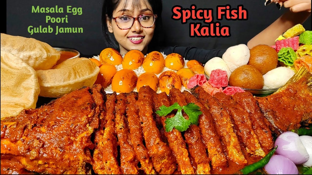 Eating Spicy Fish Curry, Poori, Rasgulla, Gulab Jamun | Big Bites | Foodie Darling | Asmr Eating